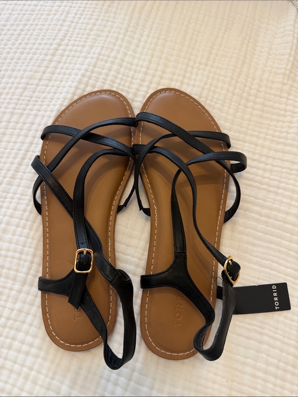 Torrid Black Strappy gold buckle ankle strapFlat Sandals